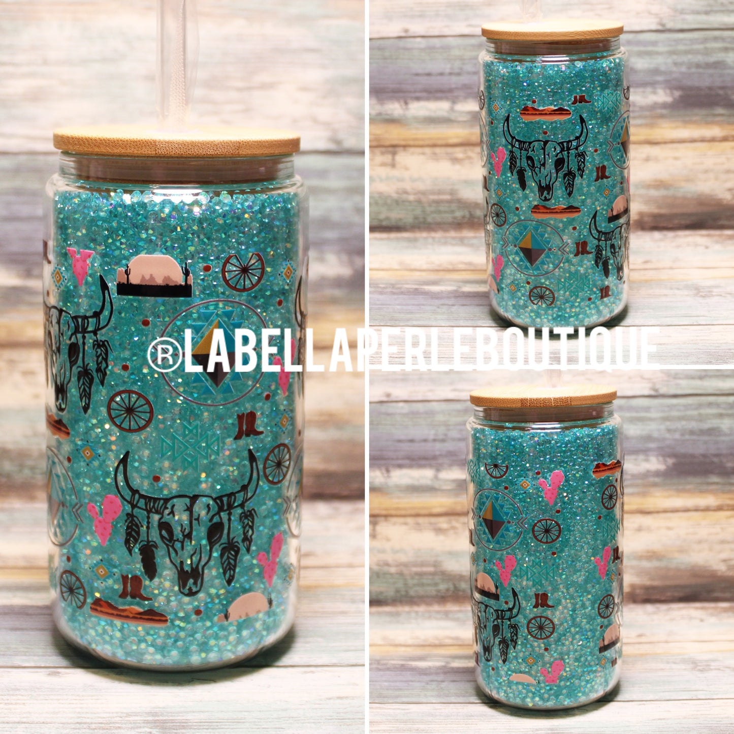 Teal Western 16oz Glass